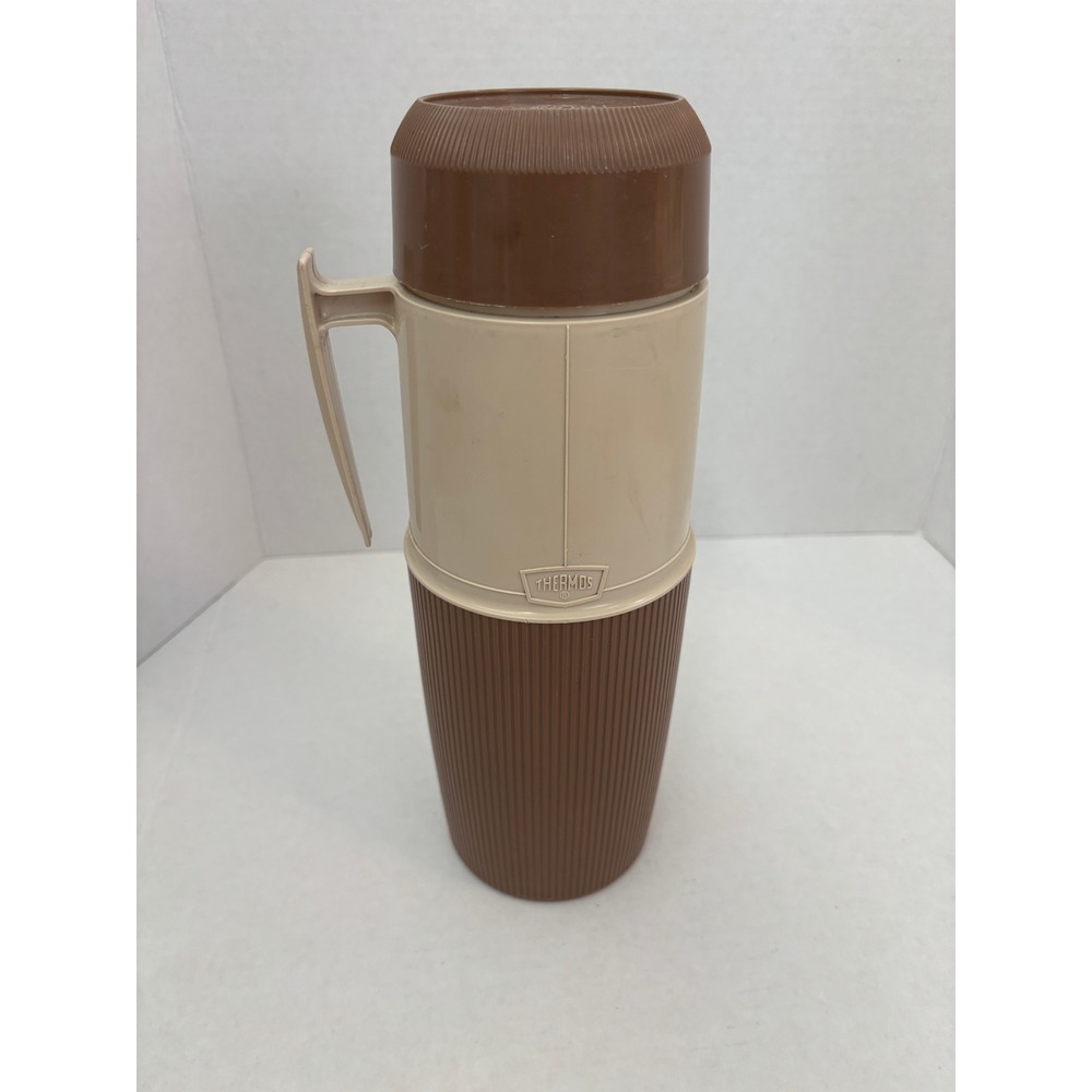 Vintage Thermos Model 6402 Brown Tan Quart Vacuum Jar Wide Mouth Glass Filler